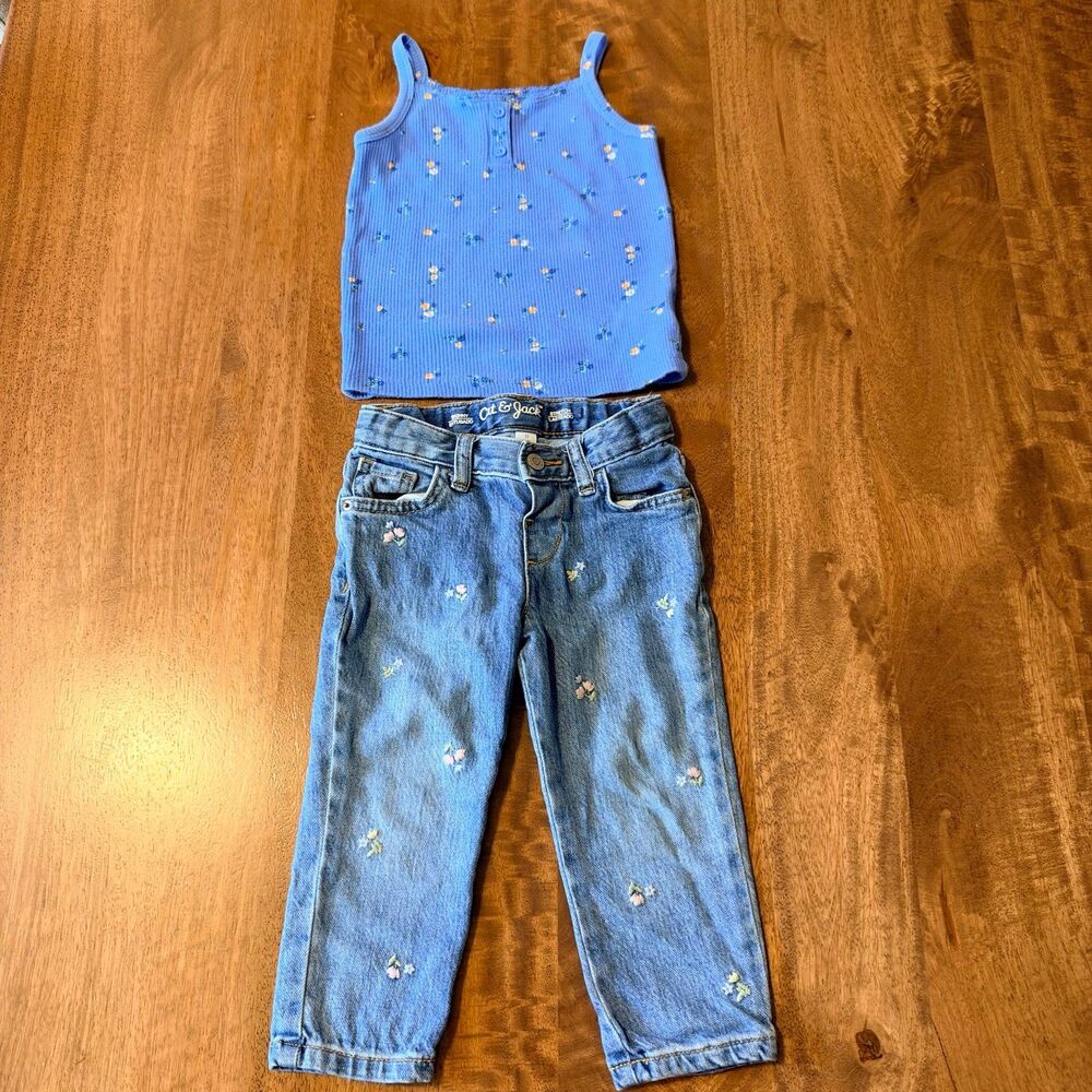 Old Navy & Cat & Jack Girls 2T Floral Tank Top & Embroidered Jeans Outfit